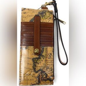 New Patricia Nash Alanna Wristlet Leather Map Print Wallet Wrist Strap RFID